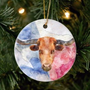 Texas Longhorn Kuh und Flagge Wasserfarben-Kunstwe Keramik Ornament