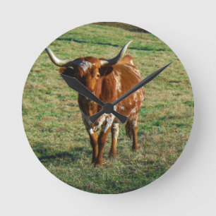 Texas Longhorn Rinderkuh Foto Rustikal Runde Wanduhr