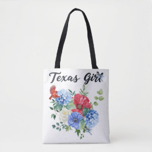 Texas Mädchen mit rot/weiß/blauen Blumen & Vögeln Tasche