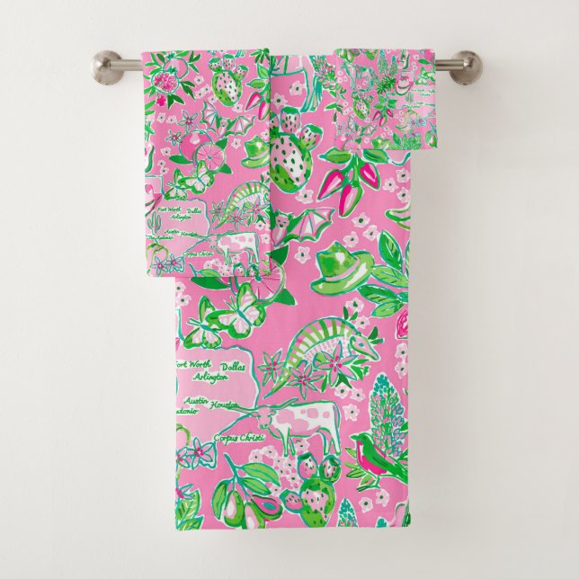 Texas Map Pink & Green Preppy Muster Badhandtuch Set (Insitu)