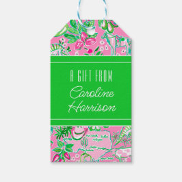 Texas Map Pink & Green Preppy Muster Geschenkanhänger