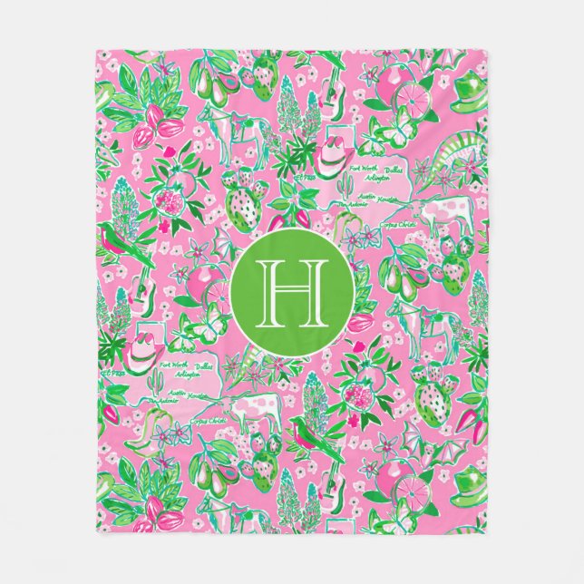 Texas Map Pink & Green Preppy Muster Mit Monogramm Fleecedecke (Vorderseite)