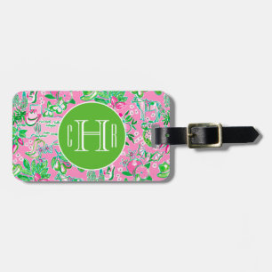 Texas Map Pink & Green Preppy Muster Mit Monogramm Gepäckanhänger