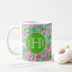Texas Map Pink & Green Preppy Muster Mit Monogramm Kaffeetasse