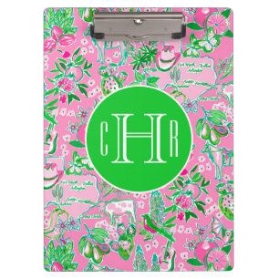 Texas Map Pink & Green Preppy Muster Mit Monogramm Klemmbrett