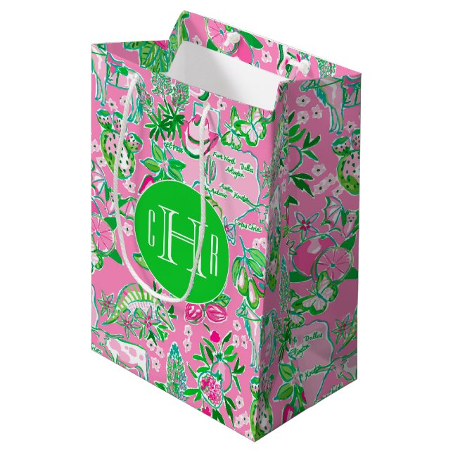 Texas Map Pink & Green Preppy Muster Mit Monogramm Mittlere Geschenktüte (Vorderseite Schrägansicht)