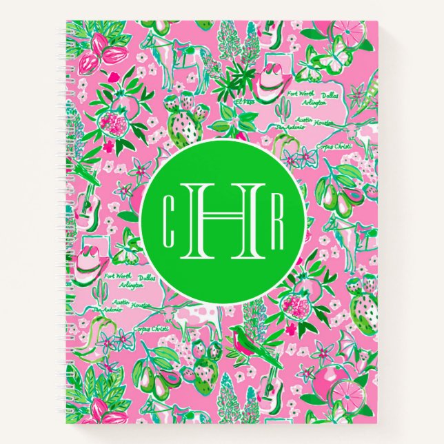 Texas Map Pink & Green Preppy Muster Mit Monogramm Notizbuch (Vorderseite)