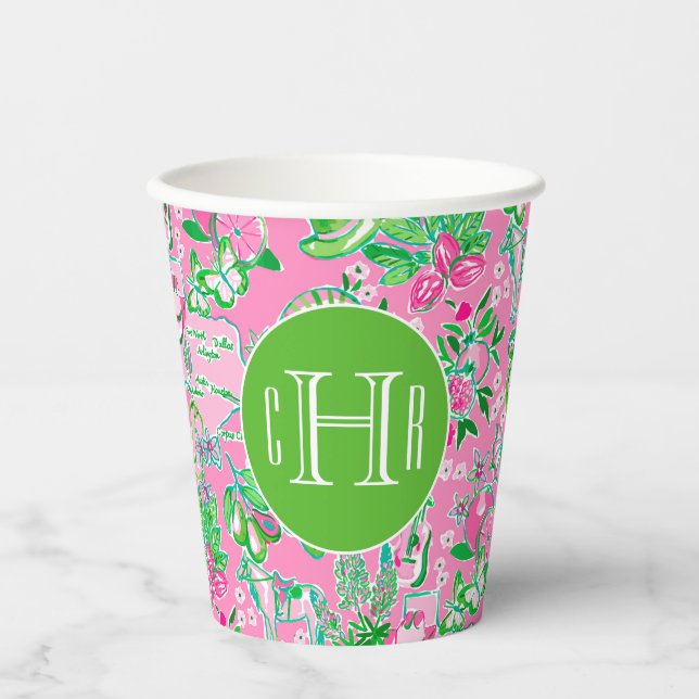 Texas Map Pink & Green Preppy Muster Mit Monogramm Pappbecher (Vorderseite)