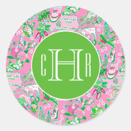 Texas Map Pink & Green Preppy Muster Mit Monogramm Runder Aufkleber