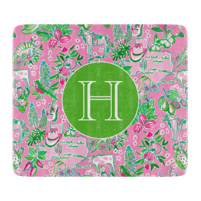 Texas Map Pink & Green Preppy Muster Mit Monogramm Schneidebrett (Vorderseite)