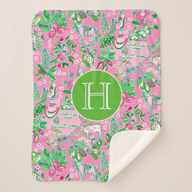 Texas Map Pink & Green Preppy Muster Mit Monogramm Sherpadecke (Vorderseite)