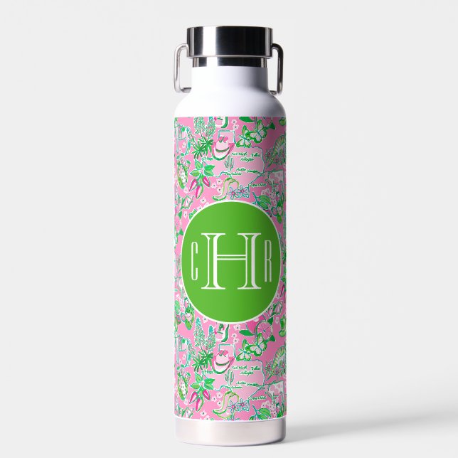 Texas Map Pink & Green Preppy Muster Mit Monogramm Trinkflasche (Vorne)