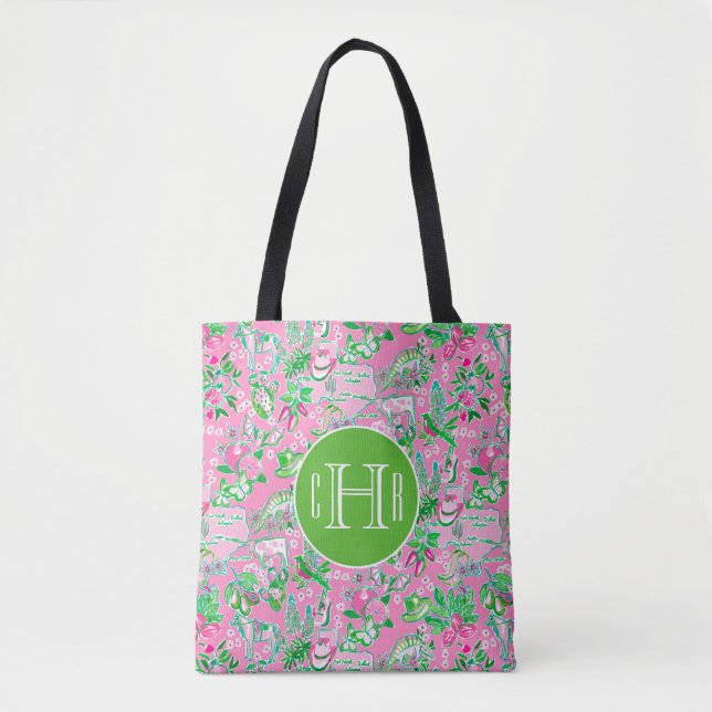 Texas Map Pink & Green Preppy Muster Monogram Tasche (Vorderseite)