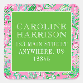 Texas Map Pink & Green Preppy Muster Quadratischer Aufkleber