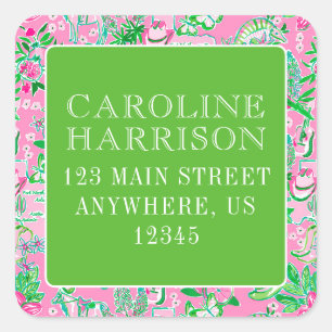 Texas Map Pink & Green Preppy Muster Quadratischer Aufkleber