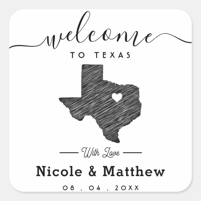 Texas Minimalistisch Texan Map Wedding Willkommen Quadratischer Aufkleber (Vorderseite)