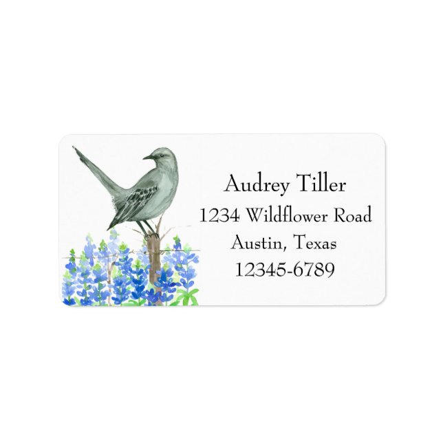 Texas Mockingbird Bluebonnet Wildblumen Adressaufkleber (Vorne)
