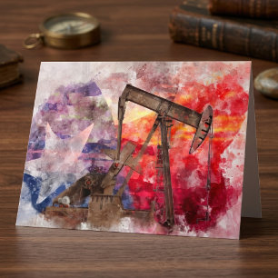 Texas Pumpjack-Aquarell mit Texas-Flaggen-Kunst Dankeskarte