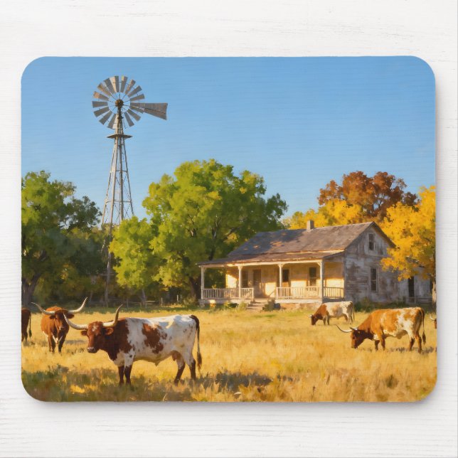 Texas-Ranch-Haus im Herbst mit Longhorns Mousepad (Vorne)