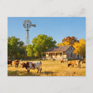 Texas Ranch House und Longhorns im Herbst Postkarte