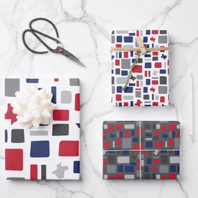 Texas Red & Blue Wonky Squares & Rectangle Geschenkpapier Set (Vorderseite)