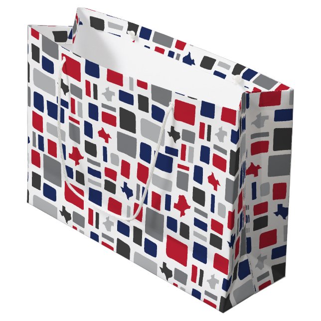 Texas Red & Blue Wonky Squares & Rectangle Large Große Geschenktüte (Vorderseite Schrägansicht)