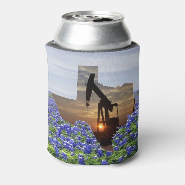 Texas Shape Oil Pump Jack bei Sunset Bluebonnets Dosenkühler (Kanne Rückseite)