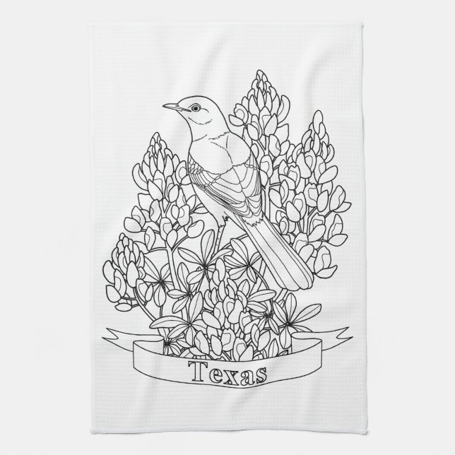 Texas Staat Bird & Blume Farbseite Küchentuch (Vertikal)
