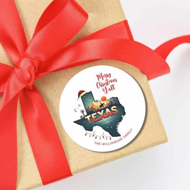Texas Staat Frohe Weihnachten Y'all Custom Holiday Runder Aufkleber (Personalize with name & text.  Matching items available in collection.)