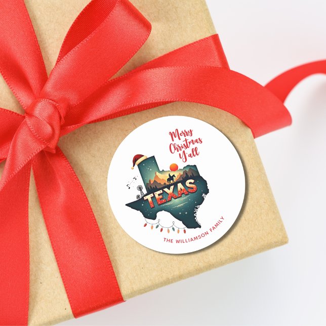 Texas Staat Frohe Weihnachten Y'all Custom Text Xm Runder Aufkleber (Edit or remove text as required. See collection for matching items)