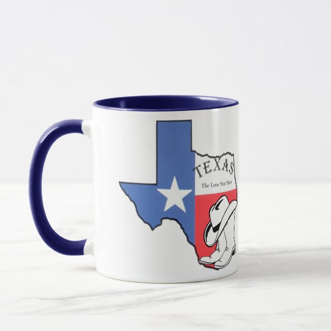 Texas Staat Map mit Star, Boots, Hat Keramik Tasse (Links)