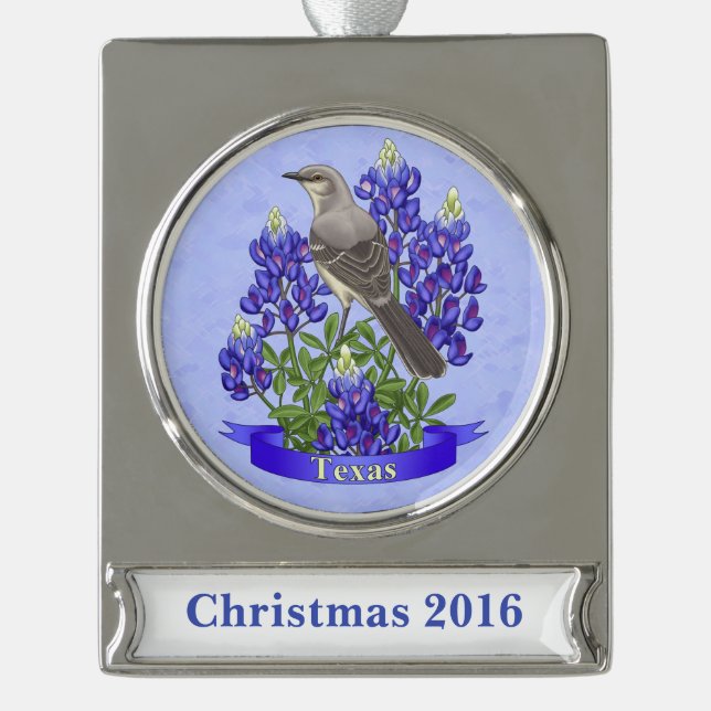 Texas Staat Mockingbird & Bluebonnet Blume Banner-Ornament Silber (Vorderseite)