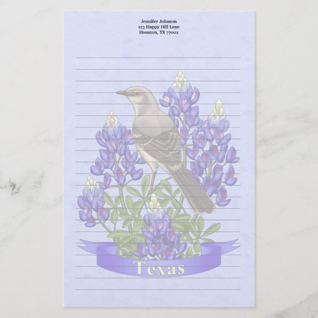 Texas Staat Mockingbird & Bluebonnet Blume Briefpapier (Vorderseite)