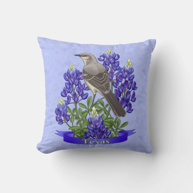Texas Staat Mockingbird & Bluebonnet Blume Kissen (Vorderseite)