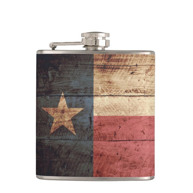 Texas-Staats-Flagge auf altem hölzernem Korn Flachmann (Vorderseite)