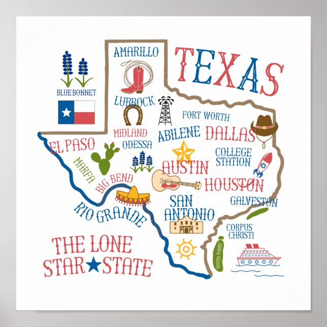 Texas State Landmarks Illustration Poster (Vorne)