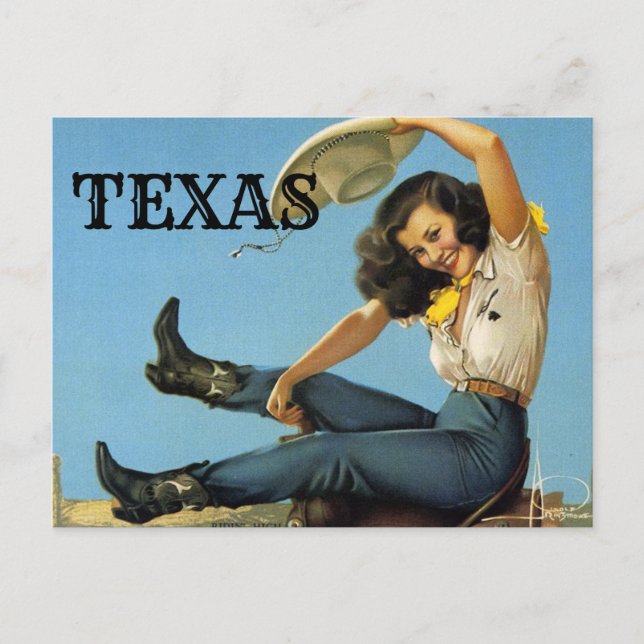 TEXAS Vintage Reise Cowgirl Postkarte (Vorderseite)
