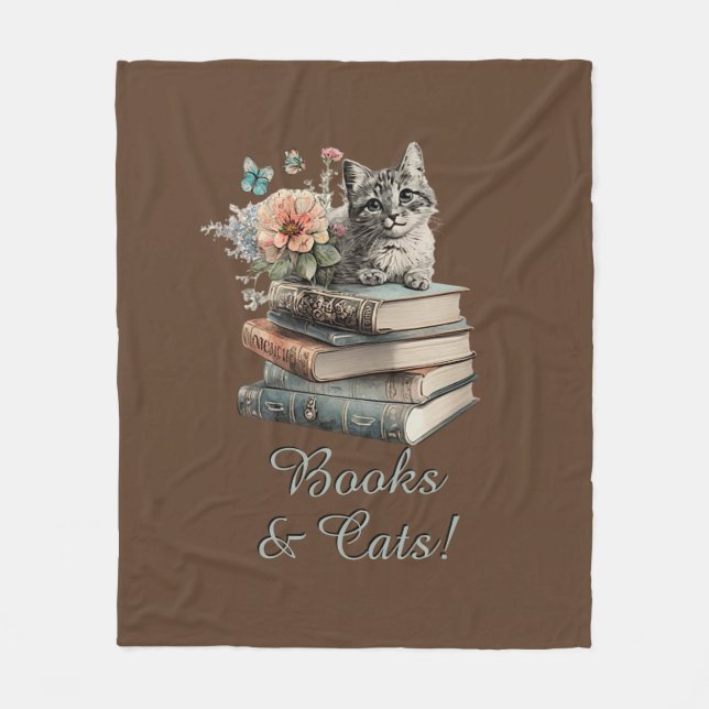 Text, Bücher und Katzen ändern, mit Blume, auf bra Fleecedecke (Vorderseite)