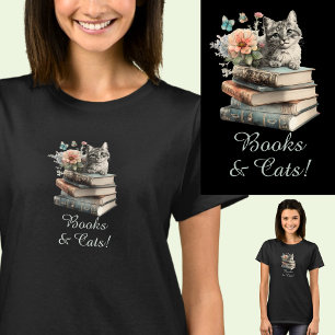 Text, Bücher und Katzen ändern, mit Blume, auf Sch T-Shirt