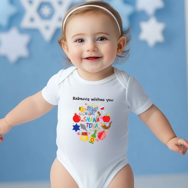 🍯 🍎 Text 🐟 Custom text, Shana Tova! Happy New Y Baby Strampler (🍯 🍎🐟Custom text, Shana Tova! Happy New Year Baby Bodysuit)