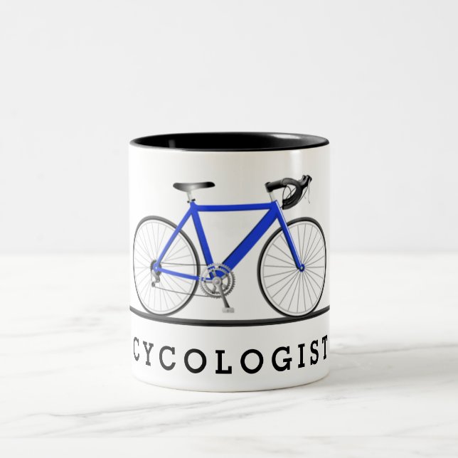 Text des Radfahrers mit blauem Fahrrad Zweifarbige Tasse (Mittel)