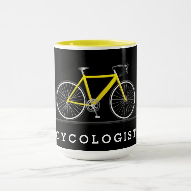 Text des Radfahrers mit gelbem Fahrrad Tasse (Zentrum)