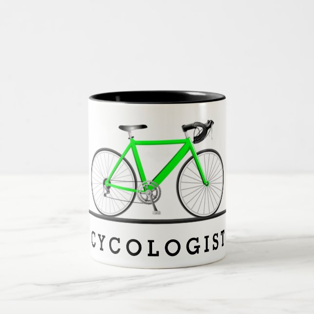 Text des Radfahrers mit grünem Fahrrad Zweifarbige Tasse (Mittel)