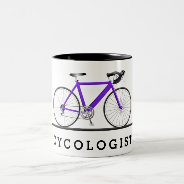 Text des Radfahrers mit lila Fahrrad Zweifarbige Tasse (Mittel)