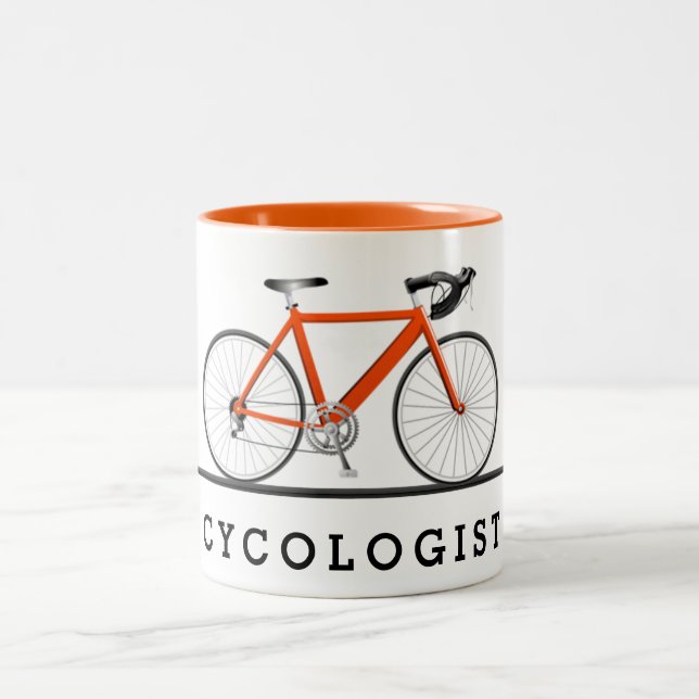 Text des Radfahrers mit orangefarbenem Fahrrad Zweifarbige Tasse (Mittel)