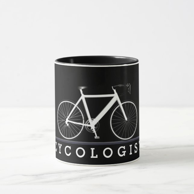 Text des Radfahrers mit weißem Fahrrad Tasse (Zentrum)