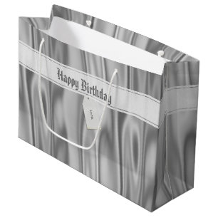 Text: Elegant Happy Birthday Silver Satin Große Geschenktüte
