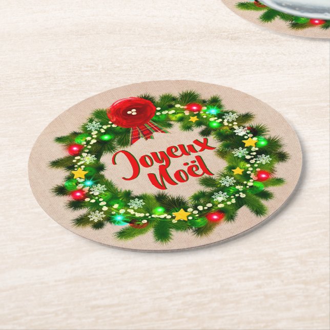 Text Joyeux Noël bearbeiten Runder Pappuntersetzer (Angewinkelt)