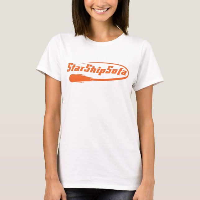 Text-Orange der Damen-StarShipSofa auf Gelb T-Shirt (Vorderseite)