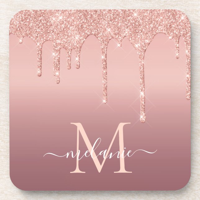 Text-Rose für Monogramm: Gold-Blush-Glitzer Getränkeuntersetzer (Vorderseite)